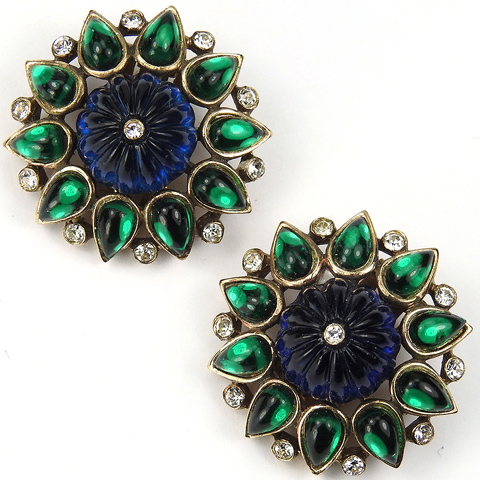 Trifari 'Alfred Philippe' Moghul Jewels Melon Cut Sapphire and Teardrop Emerald Cabochons Button Clip Earrings