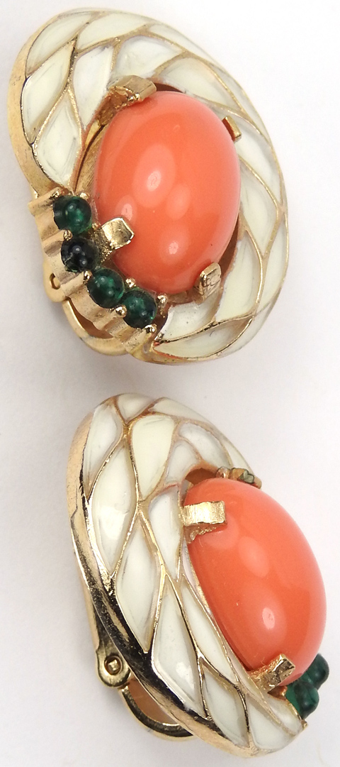 Trifari 'L'Orient' White Enamel Emerald and Coral Clip Earrings