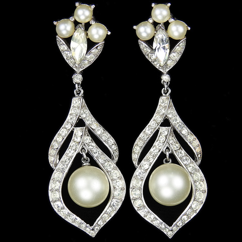 Trifari 'Alfred Philippe' Pave Navettes and Pearls Oriental Trapeze Pendant Clip Earrings