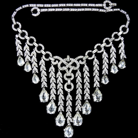Trifari 'Alfred Philippe' Graduated Diamante Leaves and Teardrops Multiple Pendant Collar Necklace