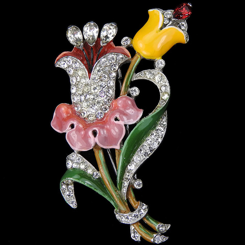 Trifari 'Alfred Philippe' Pave and Enamel Bellflower and Lily Floral Spray Pin Clip