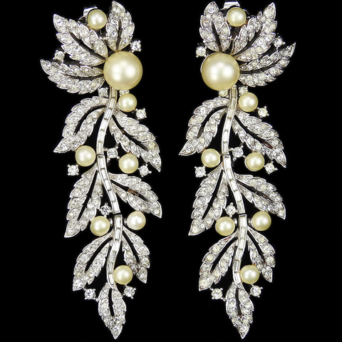 Trifari 'Alfred Philippe' Pave Leaves and Pearl Grapes 'Falling Vine' Pendant Clip Earrings