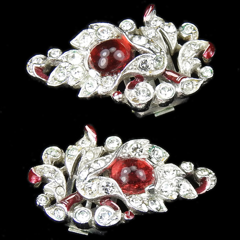 Trifari 'Alfred Philippe' Pave Ruby and Red Enamel Lily Floral Clip Earrings