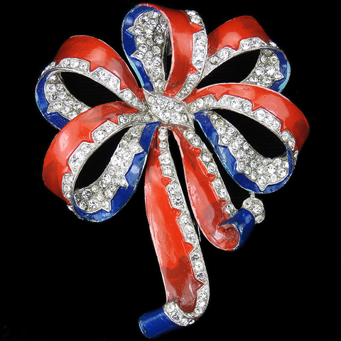 Trifari WW2 US Patriotic 'Joseph Wuyts' Pave and Red White and Blue Enamel Bow Pin Clip