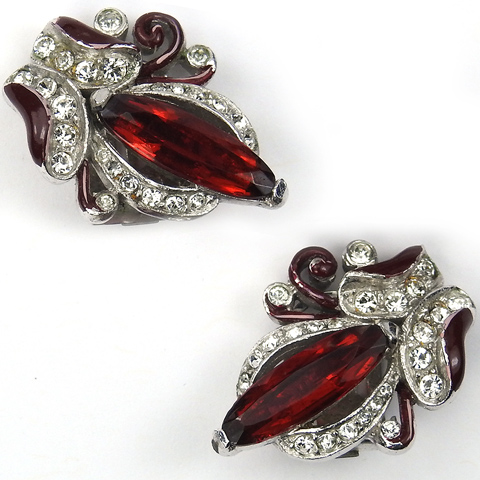 Trifari 'Alfred Philippe' Pave Enamel and Ruby Lozenges Flower Clip Earrings