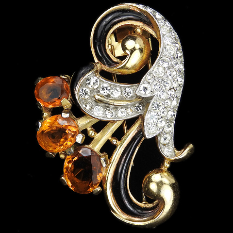Trifari 'Alfred Philippe' 'Empress' Gold Pave Topaz and Black Enamel Three Flower Swirl Pin Clip