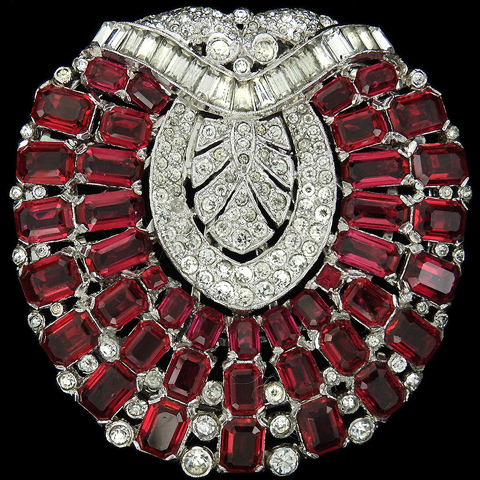 KTF Trifari 'Alfred Philippe' 'Jewels of Fantasy' Pave Baguettes and Rubies Deco Shield Doorknocker Dress Clip