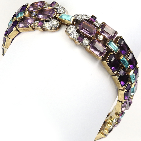 KTF Trifari 'Alfred Philippe' Gold Aquamarines and Pale and Dark Amethysts Triple Link Bracelet