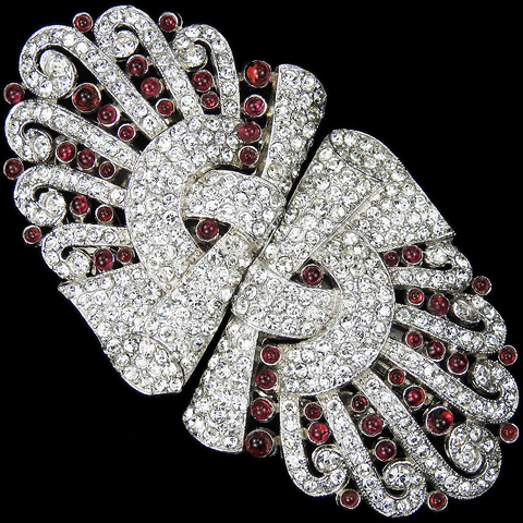 Trifari 'Alfred Philippe' Pave and Ruby Cabochons Deco Double Swirl Pair of Dress Clips or Clipmate Pin