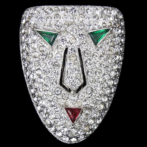 KTF Trifari 'Alfred Philippe' Pave Openwork and Triangle Cut Ruby and Emeralds Deco Face Mask Dress Clip