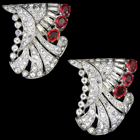 Trifari 'Alfred Philippe' Pair of Pave Baguettes and Ruby Swirls Dress Clips