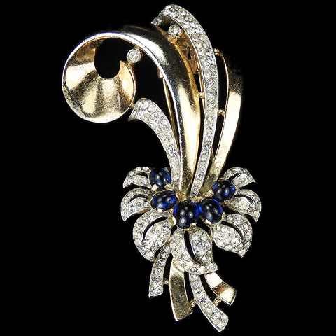 Trifari 'Alfred Philippe' Gold Pave and Sapphire Cabcohons Flower Swirl Pin Clip