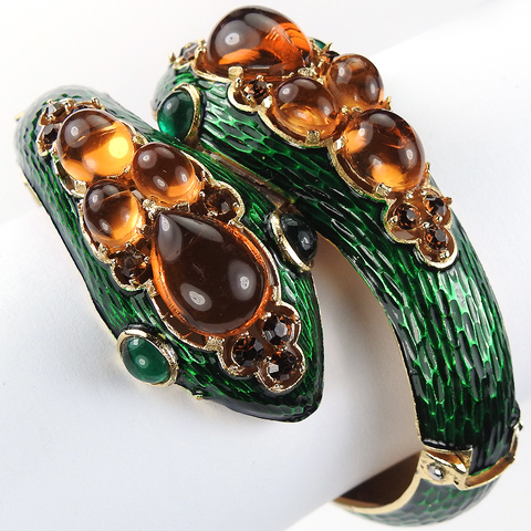 Trifari 'L'Orient' Jewels of India Green Metallic Enamel Emerald and Topaz Cabochons Snakes Bangle Bracelet