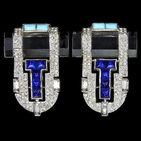 KTF Trifari 'Alfred Philippe' Pave, Lapis, Turquoise and Crystal Deco Pair of Dress Clips