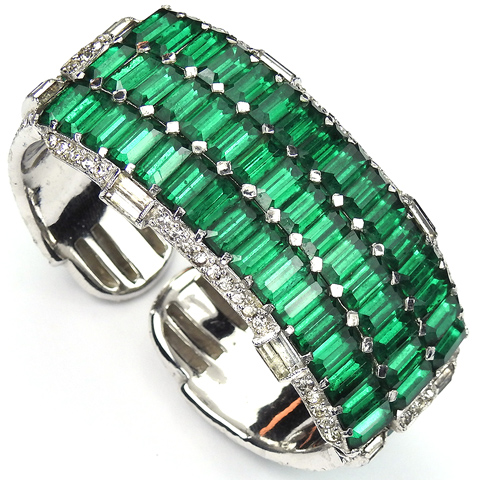 KTF Trifari 'Alfred Philippe' Pave Baguettes and Invisibly Set Emeralds Sprung Bangle Bracelet