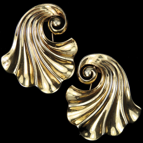 Trifari Sterling 'Alfred Philippe' Matched Pair of Deco Gold Fan Swirl Pin Clips