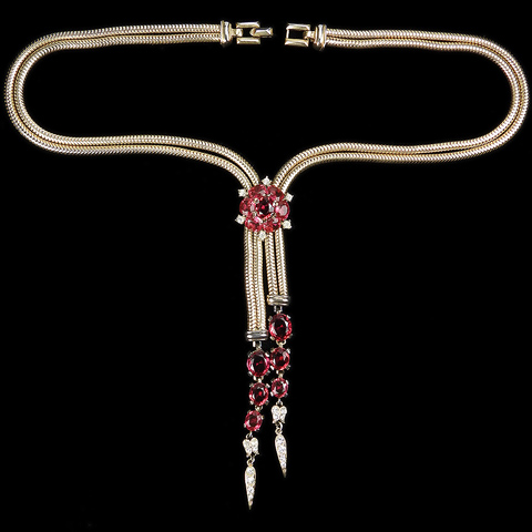 Trifari 'Alfred Philippe' Ruby Cluster and Gold and Ruby Double Snakechain Pendants Lariat Necklace 