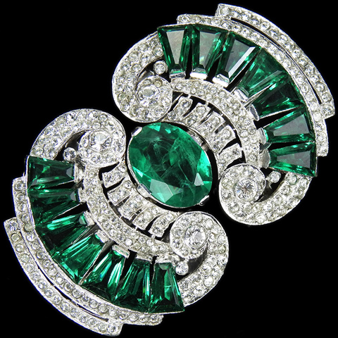 KTF Trifari 'Alfred Philippe' Pave and Kite Shaped Cut Emeralds Doorknocker Dress Clips or Clipmate Pin