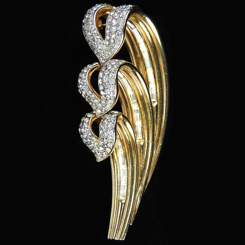 Trifari 'Alfred Philippe' Gold Pave And Baguettes Triple Curling Leaves Pin