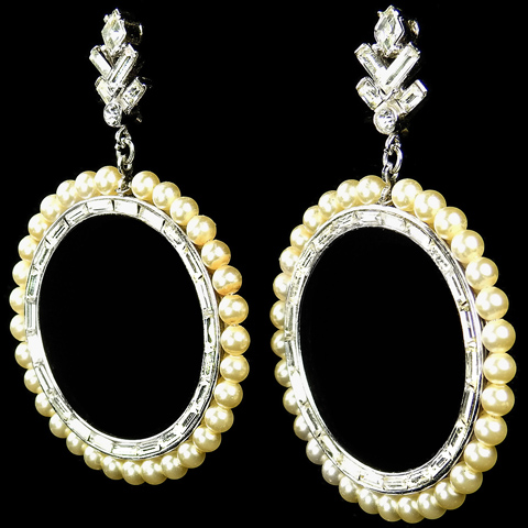 Trifari 'Alfred Philippe' Baguette and Pearls Large Circular Hoops Pendant Clip Earrings