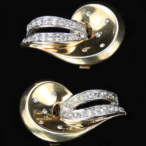 Trifari 'Alfred Philippe' Spangled Gold Crescents and Double Pave Swirls Clip Earrings