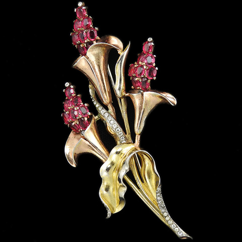 Trifari Sterling 'Alfred Philippe' Two Colour Gold and Rubies Triple Floral Spray Pin