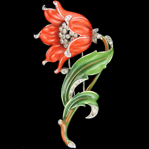 Trifari 'Alfred Philippe' Pave and Red Enamel Lily Pin Clip