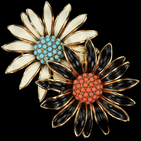 Trifari 'Alfred Philippe' Gold Coral Turquoise and Enamel White and Black Daisy or Sunflower Double Flower Pin Clip