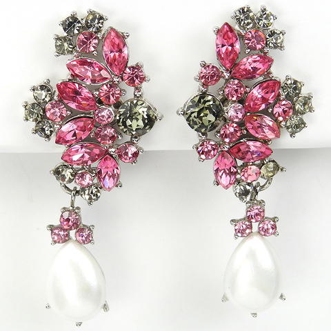 Trifari Pink Topaz Black Diamond and Pearls Pendant Clip Earrings