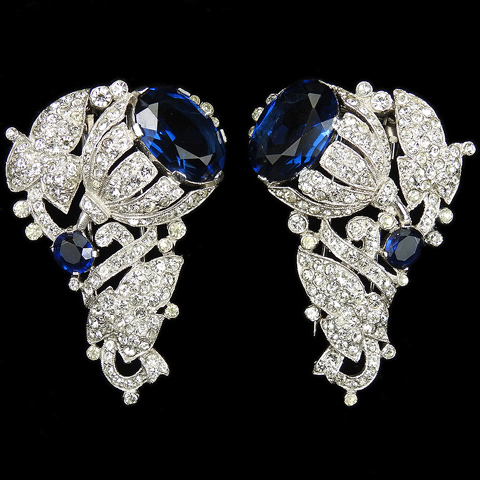 Trifari 'Alfred Philippe' Pave and Sapphire Matched Pair of Single Right and Left Facing Bell Flowers with Leaves Pin Clips