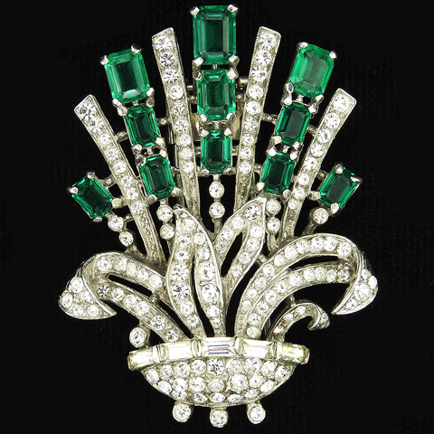 Trifari Sterling 'Alfred Philippe' Pave and Emeralds Floral Spray in a Flower Basket Pin Clip