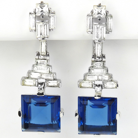 Trifari 'Alfred Philippe' Diamante Baguettes and Square Cut Sapphires Pendant Clip Earrings