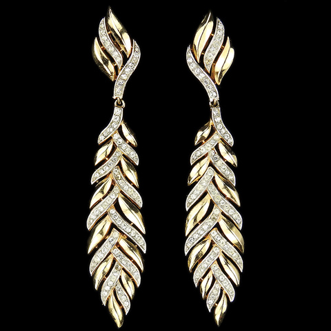 Trifari 'Alfred Philippe' Gold and Pave Flaming Leaves Pendant Clip Earrings