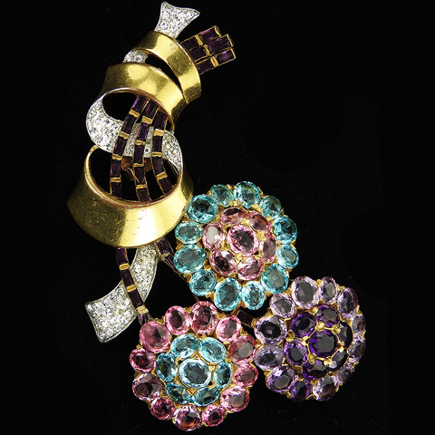 Trifari 'Alfred Philippe' 'Ombre Stone' Gold Pave Amethyst Pink Topaz and Aquamarines Spiral Bow Swirl Triple Floral Spray Pin Clip