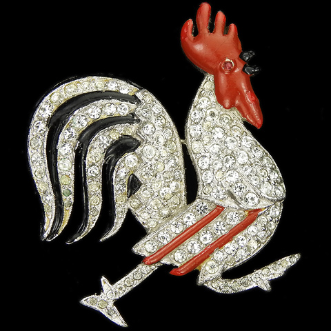 KTF Trifari 'Alfred Philippe' Pave Black and Red Striped Strutting Rooster Pin