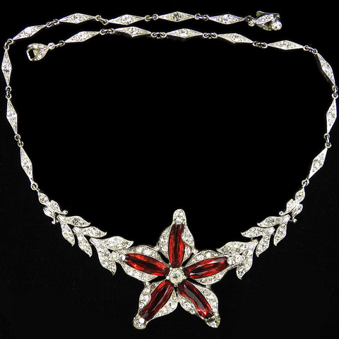 Trifari 'Alfred Philippe' Pave and Ruby Lozenges Star Flower Choker Necklace
