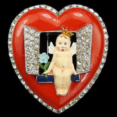 Trifari 'Joseph Wuyts' Pave and Enamel Crowned Cherub with Flower sitting in an Open Window to your Heart Pin Clip