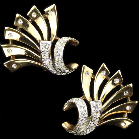 Trifari 'Alfred Philippe' Gold Pave and Spangles Fan Swirl Clip Earrings