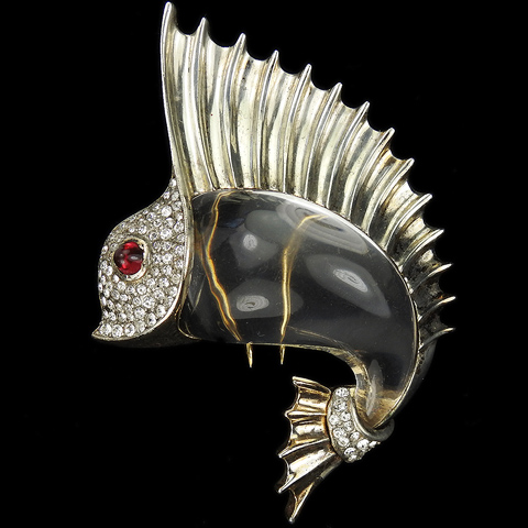 Trifari Sterling Gold and Pave Leaping Jelly Belly Sailfish Fish Pin Clip