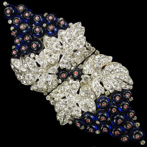 Trifari 'Alfred Philippe' Pave Leaves Sapphire Moonstone and Ruby Cabochon Grapes on a Vine Pair of Dress Clips or Clipmate Pin