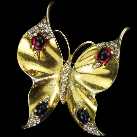 Trifari Sterling 'Alfred Philippe' Yellow Gold Pave Ruby and Sapphire Cabochons Large Butterfly Pin