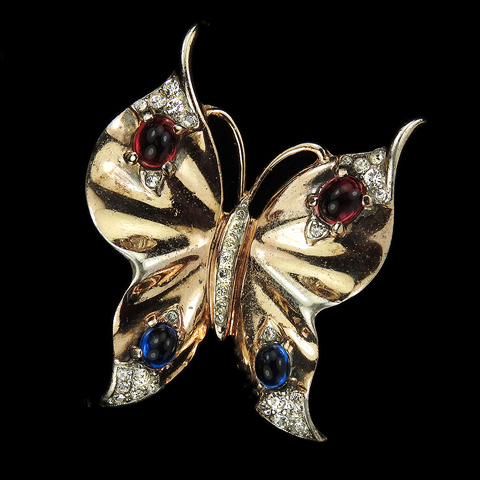 Trifari Sterling 'Alfred Philippe' Rose Gold Pave Ruby and Sapphire Cabochons Medium Butterfly Pin