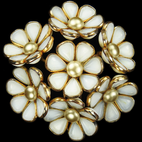 Trifari 'Alfred Philippe' Poured Glass and Pearls Seven White Flowers Posy Pin Clip