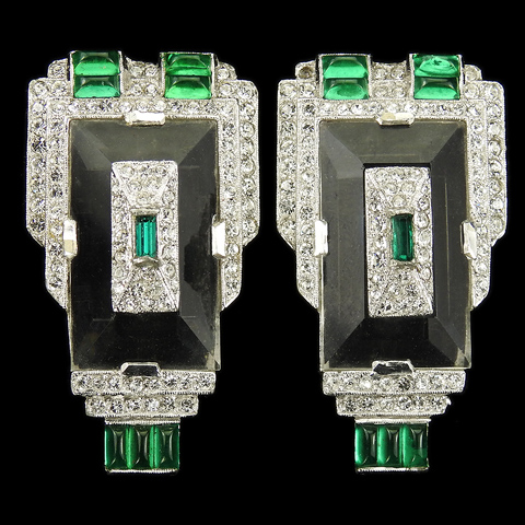 KTF Trifari 'Alfred Philippe' Pave Cushion Cut and Baguette Emeralds and Crystal Pyramids Deco Pair of Dress Clips