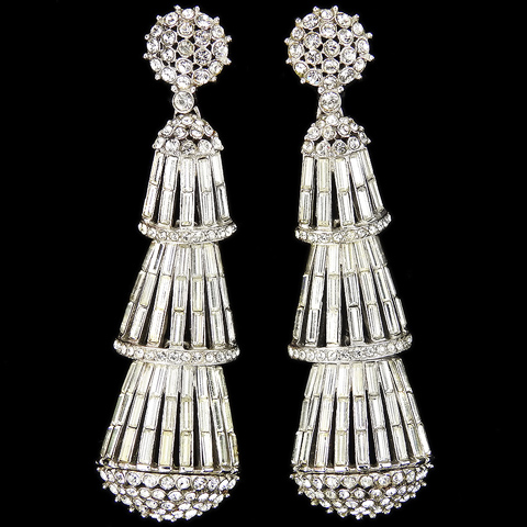 Trifari 'Alfred Philippe' Pave and Baguettes Giant Triple Lantern Pendant Clip Earrings