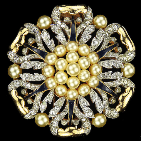 Trifari 'Alfred Philippe' Empress Eugenie Pave Dark Blue Enamel and Pearl Cluster Hexagonal Flower Pin Clip