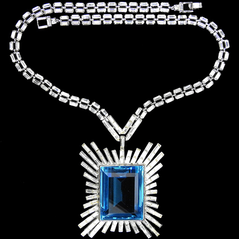 Trifari 'Alfred Philippe' 'Monte Cristo' Giant Square Cut Blue Topaz and Diamante Baguettes Sunburst Necklace