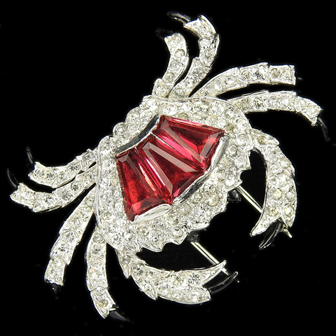 KTF Trifari 'Alfred Philippe' Pave Enamel and Ruby Pyramid Baguettes Crab Pin Clip