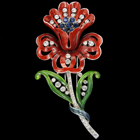 Trifari 'Alfred Philippe' Pave and Enamel Lotus Flower with Stem and Leaves Pin Clip