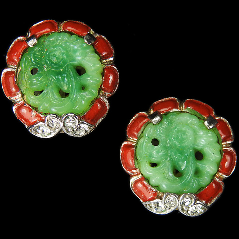 Trifari 'Alfred Philippe' Pave Red Enamel and Jade Ming Button Clip Earrings